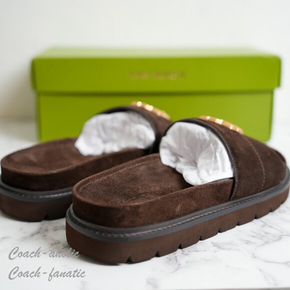 NIB Tory Burch Everly Anatomic Lug suede Slide Sandal in Dark Cocoa /Coconut - Picture 7 of 8